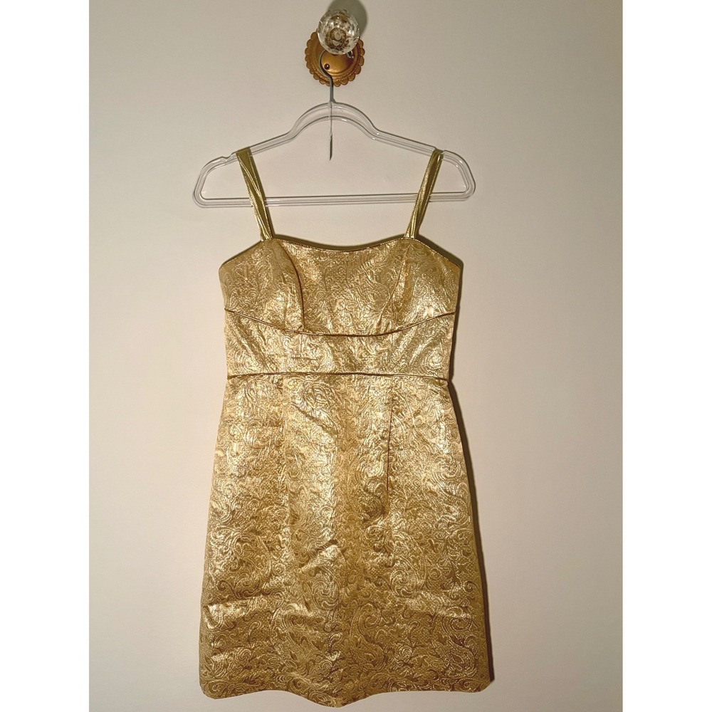 Max and Cleo Gold Metallic Brocade Paisley Cocktail Dress Sz 8 Sweetheart Mini